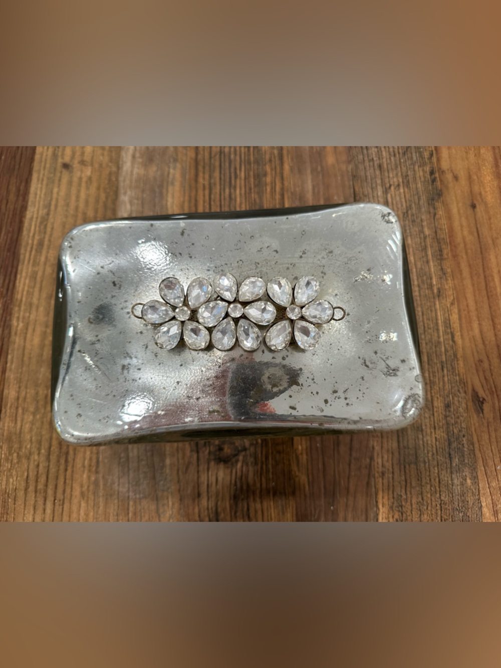 Decorative Silver Glass Trinket Box with Crystal Flower Accent